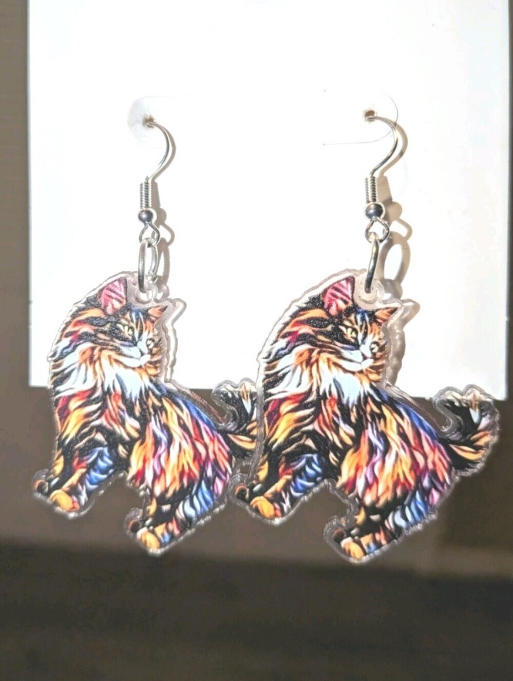 Hand Crafted Cat Dangle Earrings - Multicolor Artistic Cat Design